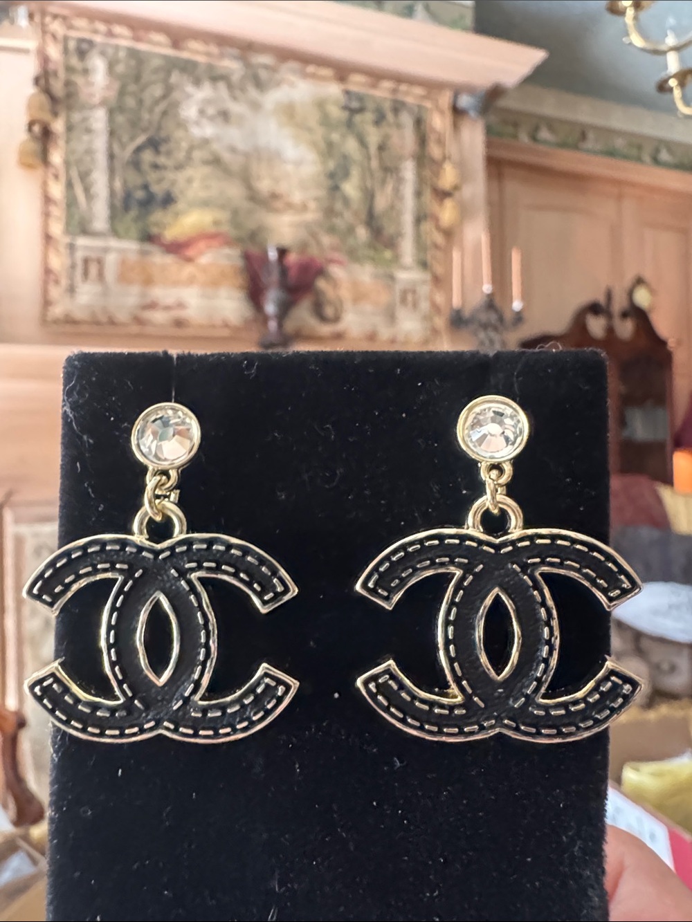 Earrings  Black and Gold CC Logo Drop Earrings with Crystal Studs